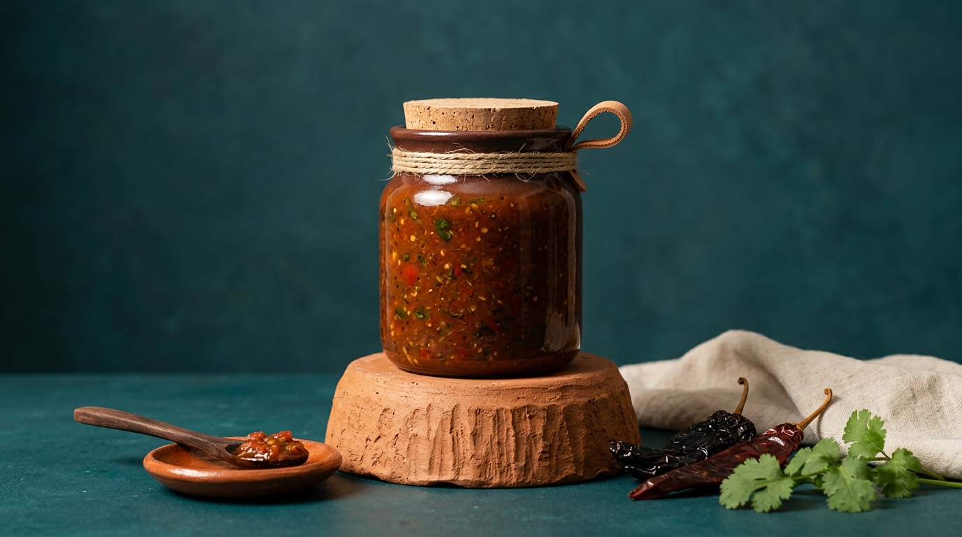 An emerging Hispanic food maker presenting an authentic packaged product in a warm editorial setting